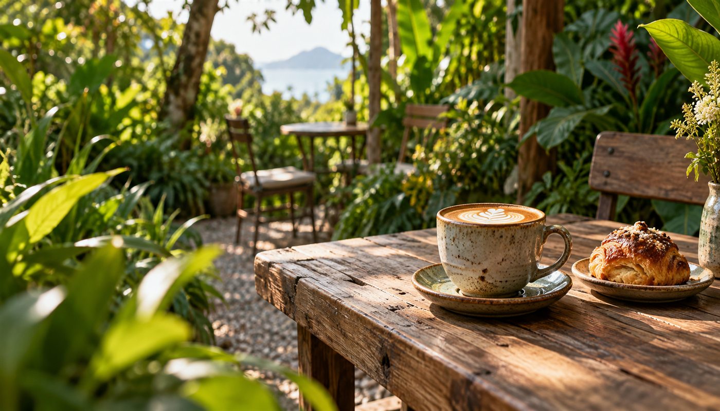 Xícara de cappuccino e croissant em uma mesa de madeira cercada por plantas, imagem conceitual